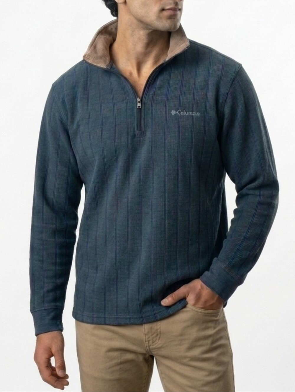 Columbia Teal Quarter Zip Pullover with Contrast Tan Collar Mens Medium Cotton